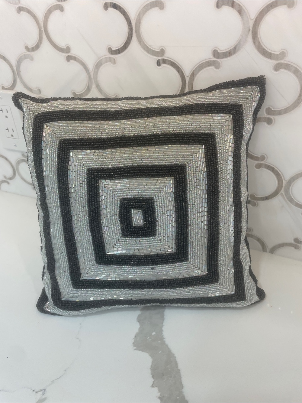 Beaded Square Accent Pillow in Black and Silver